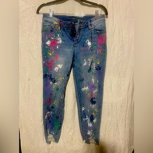 Paint splatter jeans; light denim